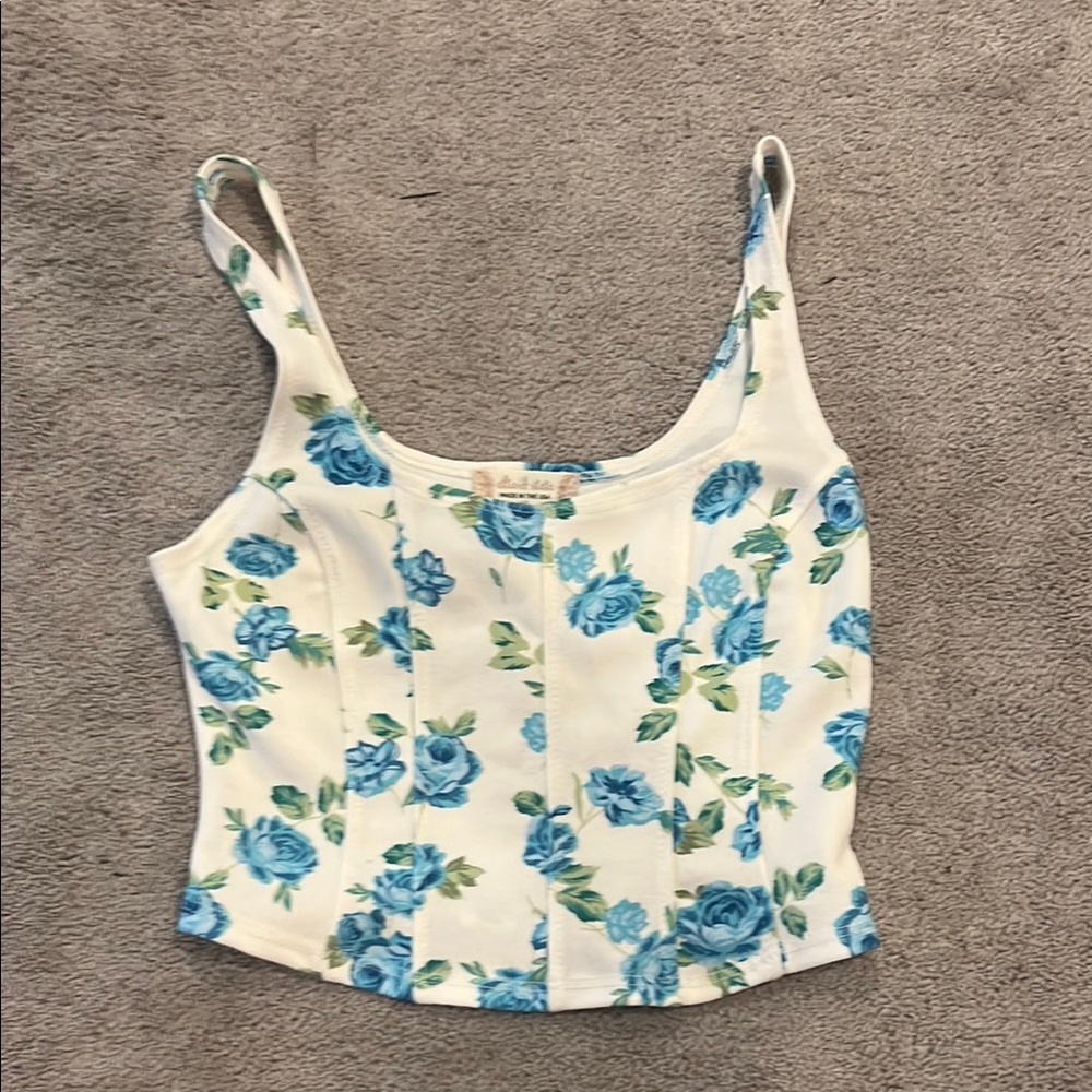Altar'd State White Crop Tank with Blue Rose Print